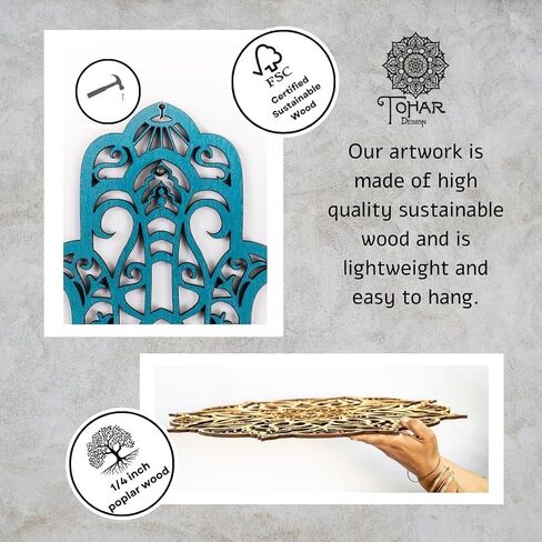 Evil Eye Décor, Turquoise Wood Hamsa Wall Décor, Spiritual Décor, Hand Made Evil Eye Wood Ornament, Evil Eye Gifts, Hamsa Wall Art by Tohar Design, (9.8 inch) in Saudi Arabia