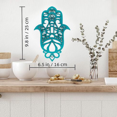Evil Eye Décor, Turquoise Wood Hamsa Wall Décor, Spiritual Décor, Hand Made Evil Eye Wood Ornament, Evil Eye Gifts, Hamsa Wall Art by Tohar Design, (9.8 inch) in Saudi Arabia