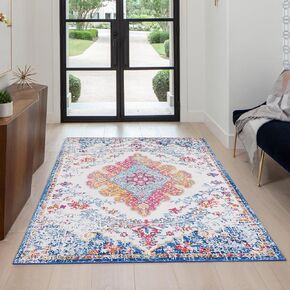 2'x3' Vintage Area Rugs for Entryway, Small Non-slip Boho Distressed Throw Bedside Rug Bathroom Door Mat, Luxury Soft Low Pile Washable Carpet for Livingroom Laundry Bedroom, Blue Gold