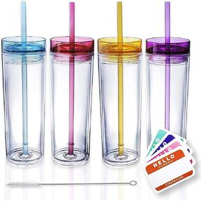 STRATA CUPS SKINNY TUMBLERS 4 Colored Acrylic Tumblers with Lids and Straws | Skinny, 16oz Double Wall Clear Plastic Tumblers With FREE Straw Cleaner & Name Tags! (Multicolor, 4)