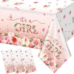 3 Pack Floral Baby Shower Tablecloth Decorations, It's a Girl Baby Shower Decorations, Pink Flower Baby Shower Decorations for Girl, Plastic Disposable Baby Girl Table Cloth Backdrop Party Decorations