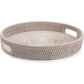14.2 inch Round Rattan Tray, Ottoman Tray, Woven Serving Tray with Cut - Out Handles, Wicker Serving Basket, Whitewash