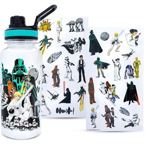 Silver Buffalo Star Wars Legacy Group Twist Spout Plastic Water Bottle Jug and Sticker Set For Personalizing | Holds 32 Ounces