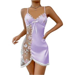 RoseSeek Women's Mesh Floral Embroidery Lace Trim Sheer Chemise Sleep Dresses Babydoll Nightgown Satin Slip Dress