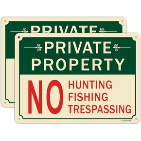 2 Pack Private Property No Hunting No Fishing No Trespassing Signs 10 x 7 Inches Private Property Sign No Hunting Sign Metal Reflective Sturdy Rust Aluminum Waterproof
