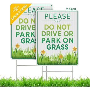 Do Not Drive or Park on Grass Sign with Stake 2 Pack 9"x 12" Double-Sided No Parking Sign