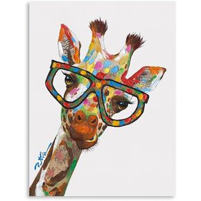 ForJoy Giraffe Decor Picture Handpainted Funny Giraffe Wall Art Colorful Animal Painting Picture Artwork Painting for Children'S Room,Kids Bath,Office,Ready to Hang 12x16 Inches