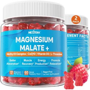 Magnesium Gummies, Superior Alternative to Magnesium Citrate for Calm, Relax & Energy - Magnesium Malate, L-Theanine, CoQ10-100mg, Vitamin D3, Active B6, Folate 5-MTHF plus B12 - Sugar Free, 2Pack