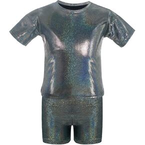 Happy Cherry Kids Sequin Hip Hop Dance Outfit Boys Elastic Dance Costume Girls Short Sleeve Top and Shorts Skirt 3-13T