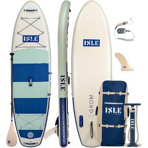 ISLE Grom Inflatable Stand Up Paddle Board for Children | Incl. Touring Center Fin, Backpack, Hand Pump, Paddle - Max 140 lbs. - Durable Stable Kid Paddle Board Child Size Sup