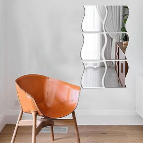6PCS Wavy Mirror Wall Stickers, 3D Mirror Art DIY Home Decorative Acrylic Mirror Wall Sheet for Home Living Room Bedroom Sofa TV Wall Decoration Decor (Silver)
