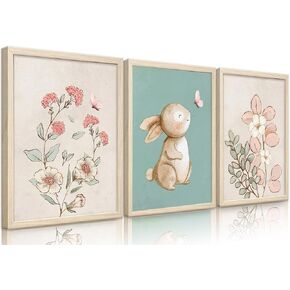 Generic Framed Nursery Bunny Wall Art Cute Bunny Botanical Flowers Wall Decor Pink Green Nursery Pictures Posters Girl Bedroom Canvas Prints gifts for Baby Boys and Girls Playroom paintings(12x16in)