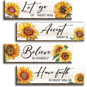 4 Pieces Sunflower Modern Floral Wooden Office Wall Decor, Inspirational Saying with Accept-Let go-Have faith-Believe Wood Sign, Hanging Motivational Wall Plaques for Office Living Room Bathroom