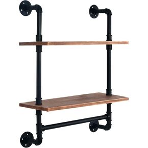 Industrial Pipe Floating Shelves with Towel Bar, 24 Inch Farmhouse Vintage Style Shelf for Bathroom, Wall Mounted, Matte Black (3 Tiers)