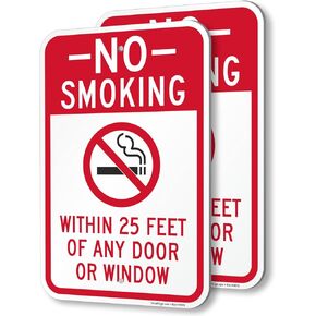 SmartSign No Smoking Within 25 Feet Of Any Door Or Window Sign with Symbol (2-Pack), 18 x 12 inch, 80 mil thick Aluminum Composite (ACM), Pre-Drilled Holes, Red, Black and White