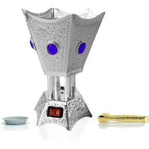 Oud Essence Luxury Electric Incense Bukhoor Burner Metallic Hexagon Small Arabian with Stones, 110V Silver by Maani Essence
