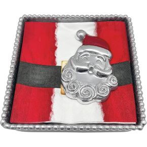 MARIPOSA SMILING SANTA BEADED NAPKIN BOX SET | SILVER | BRILLANTE | GIFTS | NAPKIN BOX & WEIGHT SET | RECYCLED SANDCAST ALUMINUM | HANDMADE IN MEXICO