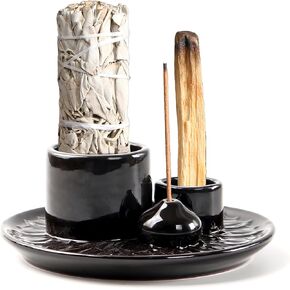 4 in 1 Incense Burner Holder, Palo Santo Sticks Holder, Ceramic Incense Holder Dish, Palo Santo Burner Chimney, Sage Bundle Smudge Bowl(Black)