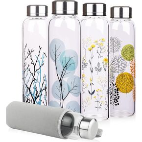 Borosilicate Glass Water Bottle, Sports Glass Drinking Bottle with Neoprene Sleeve and Stainless Steel Lid 16oz / 32oz (16oz, Blue Leaves)