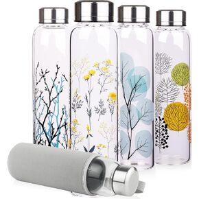 Borosilicate Glass Water Bottle, Sports Glass Drinking Bottle with Neoprene Sleeve and Stainless Steel Lid 16oz / 32oz (16oz, Blue Leaves)