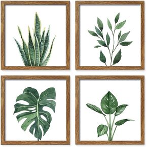 ArtbyHannah Botanical Wall Art Prints for Home Decor, Floral Canvas Wall Decor, Green Plant Posters Set of 4, for Bathroom,Bedroom,Restroom Decoration (10x10,unfarmed)
