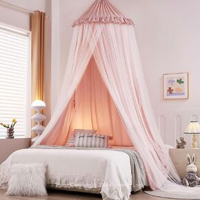 Double Layers Bed Canopy with Star Lights, 3 Pieces Layers Canopy for Girls Bed, Princess Round Dome Dreamy Play Tent, Hanging Kids Reading Nook Mosquito Net, Machine Washable - Gray