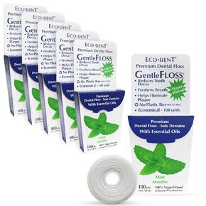 Eco-Dent GentleFloss Dental Floss, Waxed, Mint - Floss with Vegan Plant-Based Wax, Recyclable Cardboard Packaging, 100 Yds Ea (Pack of 6)
