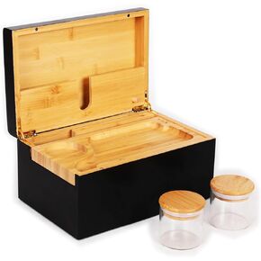 Premium Large Bamboo Wooden Box - Lockable Stash Storage Box for Herbs & Accessories with Detachable Tray, Glass Stash Jar & More - Ultimate Bamboo Storage Box with Rolling tray Snacks Organizer