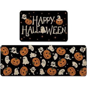 Halloween Kitchen Mat Set of 2, Ghost Pumpkins Kitchen Rug, Halloween Farmhouse Party Floor Mat for Home Kitchen Decorations - 17x27 and 17x47 Inch