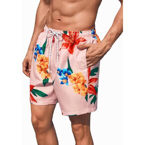 SweatyRocks Men's Floral Print Drawstring Waist Swim Trunks Straight Leg Beach Shorts with Pockets