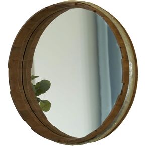 Vintiquewise Round Rustic Wood and Galvanized Metal Framed Wine Barrel Shaped Wall Mirror