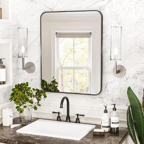 20"X16" Black Rectangle Bathroom Mirror Wall, Matte Black Aluminum Alloy Frame, Tempered Glass, Hangs Vertically or Horizontally, Easy to Install, Black.