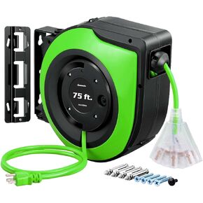 DEWENWILS 75FT Extension Cord Reel, 14/3C SJTW Retractable Cord Reel, Lighted Triple Outlets, Retractable Extension Cord Reel, 10A Circuit Breaker, Heavy Duty Power Cord, UL Listed, Ceiling/Wall Mount