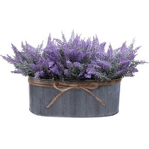 Winlyn 10 Inch Artificial Lavender Flower Arrangement in Rustic Oval Galvanized Metal Planter Box Faux Lavender Potted Plants for Farmhouse Spring Table Centerpiece Wedding Home Office Kitchen Décor