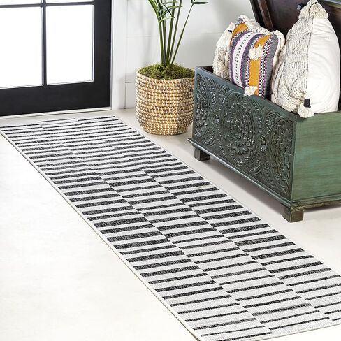 JONATHAN Y SMB133A-28 Sukie Modern Offset Stripe Indoor/Outdoor 2 ft. x 8 ft. Runner Rug, Modern, Bohemian, Transitional, Scandinavian, Minimalistic, Rustic, Pet Friendly, Easy Cleaning, Beige/Brown in Saudi Arabia