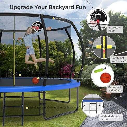 Lyromix ترقية 10 12 14 15 16FT الترامبولين في الهواء الطلق للأطفال والكبار، الترامبولين في الهواء الطلق مع أعمدة منحنية، الترامبولين اليقطين مع طوق كرة السلة، الرش، حصص، كرة السلة والضوء in Kuwait
