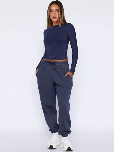 ANRABESS المرأة 2 قطعة Sweatsuits كم طويل ضيق قميص قمم الركض الصوف Sweatpants مجموعات 2026 الخريف العرق صالة وتتسابق in Kuwait