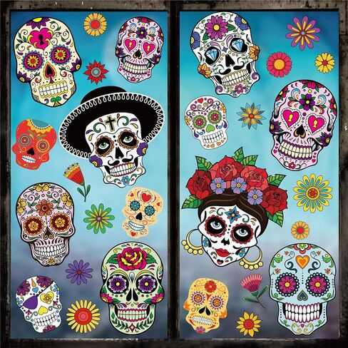 Whaline 9 Sheets Day of The Dead Window Clings Halloween Double-Sided Sugar Skull Design Window Stickers Colorful Flower Patterns Window Decals for Mexican Haunted House School Office in Saudi Arabia