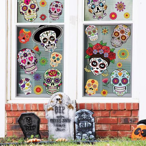 Whaline 9 Sheets Day of The Dead Window Clings Halloween Double-Sided Sugar Skull Design Window Stickers Colorful Flower Patterns Window Decals for Mexican Haunted House School Office in Saudi Arabia