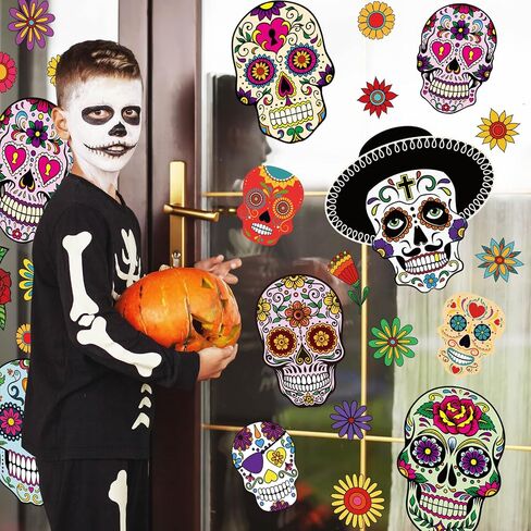 Whaline 9 Sheets Day of The Dead Window Clings Halloween Double-Sided Sugar Skull Design Window Stickers Colorful Flower Patterns Window Decals for Mexican Haunted House School Office in Saudi Arabia