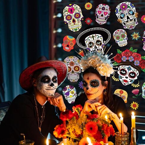 Whaline 9 Sheets Day of The Dead Window Clings Halloween Double-Sided Sugar Skull Design Window Stickers Colorful Flower Patterns Window Decals for Mexican Haunted House School Office in Saudi Arabia