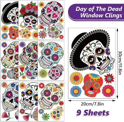 Whaline 9 Sheets Day of The Dead Window Clings Halloween Double-Sided Sugar Skull Design Window Stickers Colorful Flower Patterns Window Decals for Mexican Haunted House School Office in Saudi Arabia