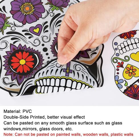 Whaline 9 Sheets Day of The Dead Window Clings Halloween Double-Sided Sugar Skull Design Window Stickers Colorful Flower Patterns Window Decals for Mexican Haunted House School Office in Saudi Arabia