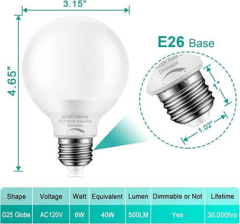10 Pack Dimmable G25 Globe Light Bulbs LED, 6W=40W Replacement, Daylight White 5000K, E26 Medium Base, Ideal for Bathroom Vanity, Makeup Mirror or Sputnik Light, 120V, Round Light Bulbs in Saudi Arabia