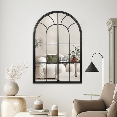 Black Arch Wall Mirror 24" x 36" - Window Pane Decorative Mirror Metal Frame, Farmhouse Hanging Wall Decor for Living Room, Entryway, Bedroom, Hallway, Mantel in Kuwait