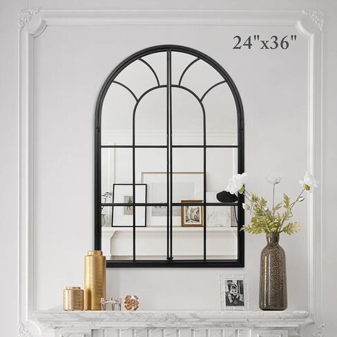 Black Arch Wall Mirror 24" x 36" - Window Pane Decorative Mirror Metal Frame, Farmhouse Hanging Wall Decor for Living Room, Entryway, Bedroom, Hallway, Mantel in Kuwait
