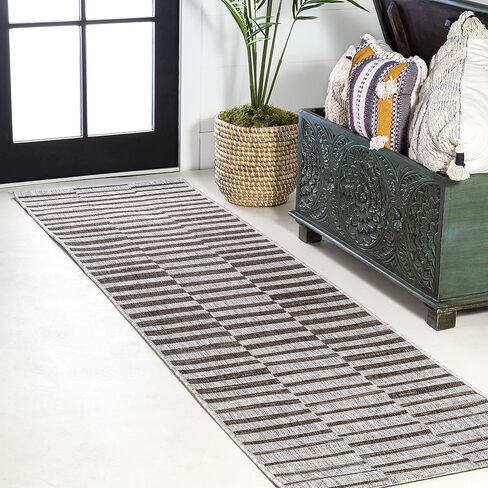 JONATHAN Y SMB133A-28 Sukie Modern Offset Stripe Indoor/Outdoor 2 ft. x 8 ft. Runner Rug, Modern, Bohemian, Transitional, Scandinavian, Minimalistic, Rustic, Pet Friendly, Easy Cleaning, Beige/Brown in Saudi Arabia
