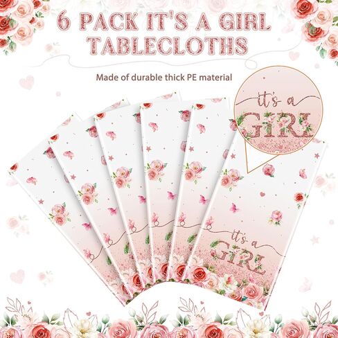 1 Pack Floral Baby Shower Tablecloth Decorations, It's a Girl Baby Shower Decorations, Pink Flower Gender Reveal Decorations for Girl, Plastic Disposable Baby Girls Table Cloth Party Decorations in Saudi Arabia