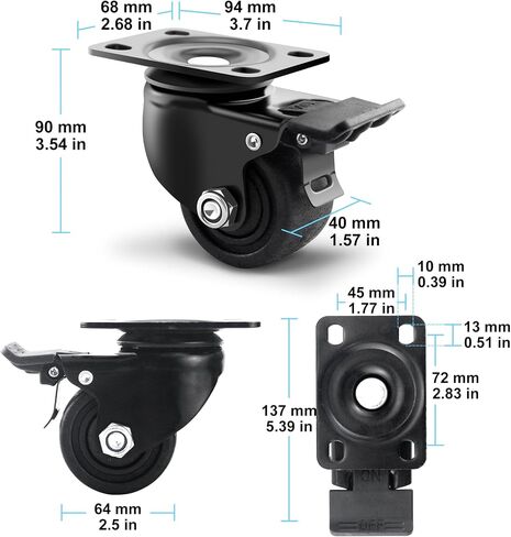 2 Inch Heavy Duty Caster Wheels, Plate Swivel Casters Wheel Set of 4, Extra Width Locking Casters with Brake, Load Capacity 2200lbs, Low Profile Industrial Wheels for Cart, Furniture, Workbench in Saudi Arabia