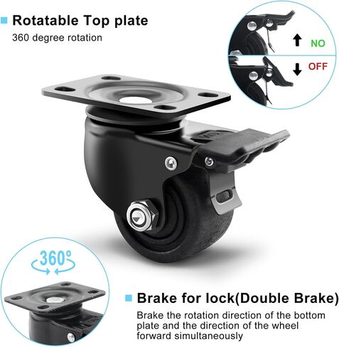 2 Inch Heavy Duty Caster Wheels, Plate Swivel Casters Wheel Set of 4, Extra Width Locking Casters with Brake, Load Capacity 2200lbs, Low Profile Industrial Wheels for Cart, Furniture, Workbench in Saudi Arabia